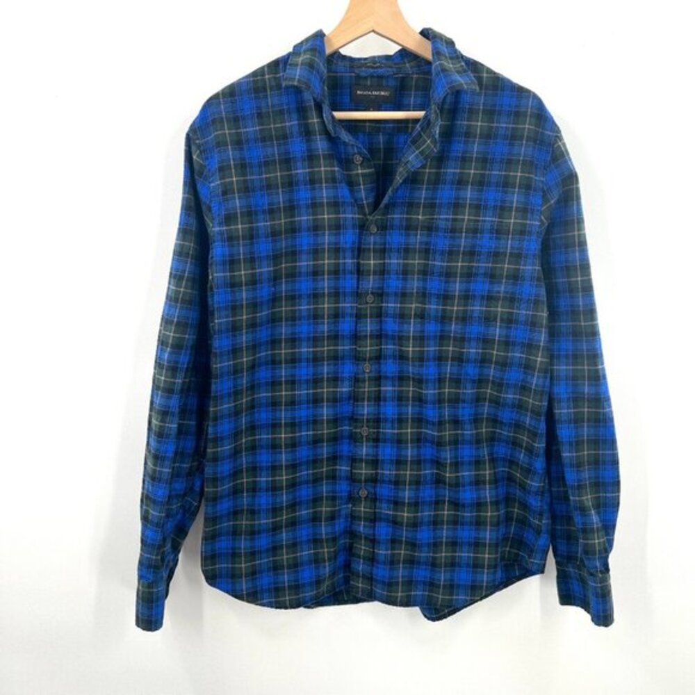 Banana‎ Republic lightweight flannel plaid shirt blue green untucked fit L mens